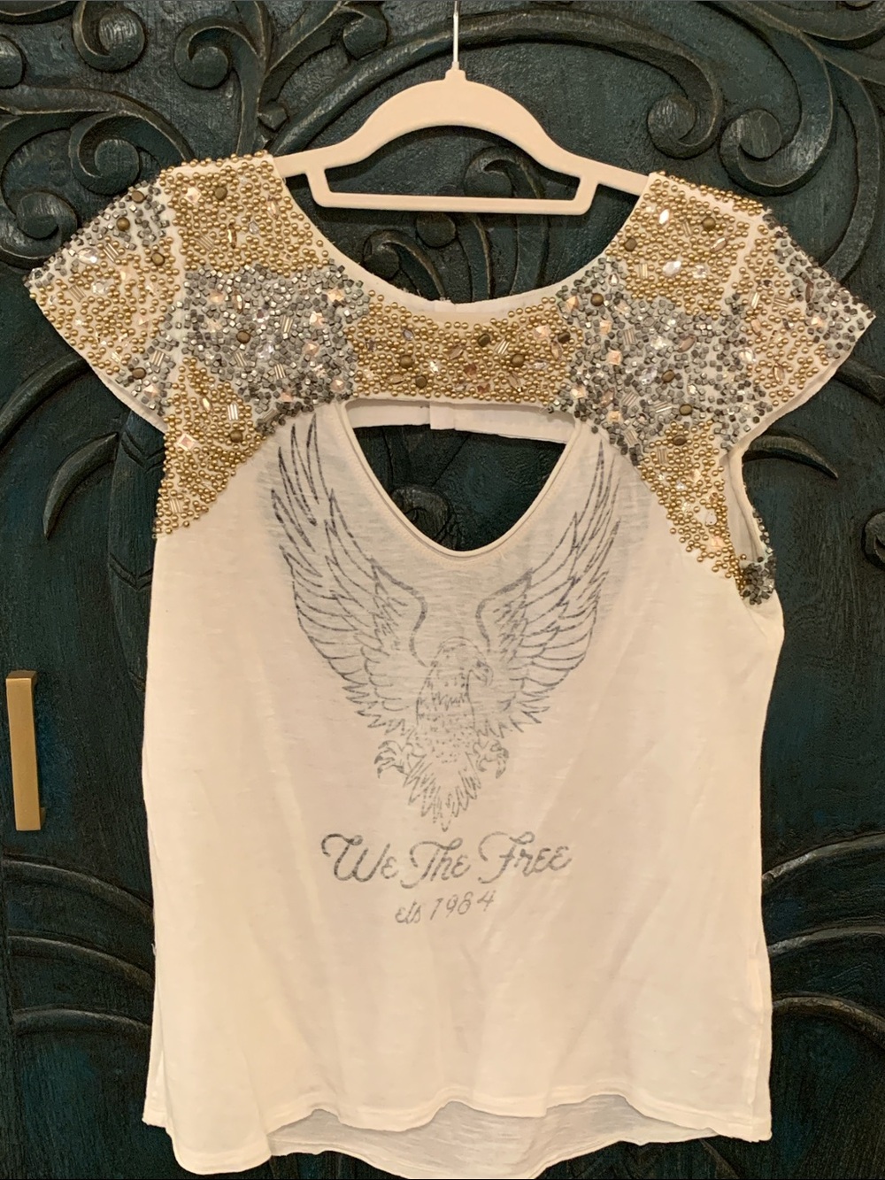 We The Free by Free People Beaded Shoulder Eagle Tee Cream